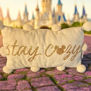 Disney Parks Christmas Holiday Stay Cozy White Pom Pom Throw Pillow Mickey 19”